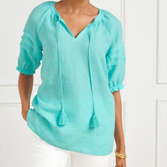 Talbots Top Womens Small Aqua Blue Pleat Sleeve Linen Cross Dye Coastal Blouse S - Picture 1 of 9